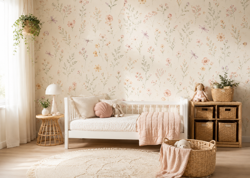 Wheat & Cosmos Girls Nursery Wall Mural - Room View 2