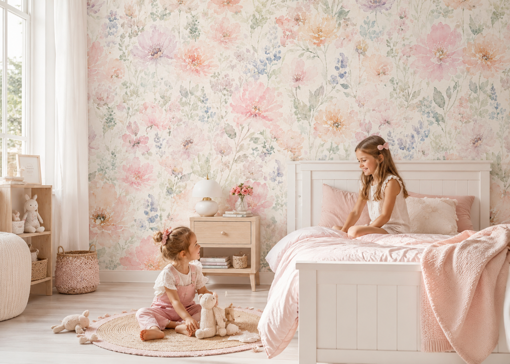 Blush Poppy Garden Girls Wall Mural - Room View 2