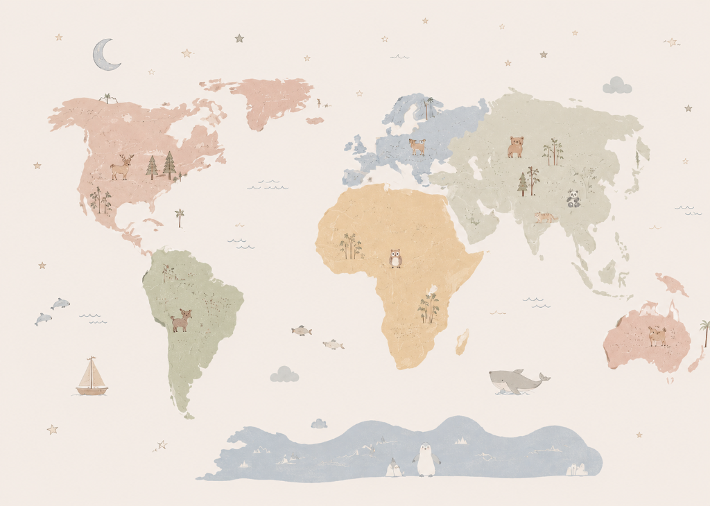 Animal World Map - Mural Design Flat View