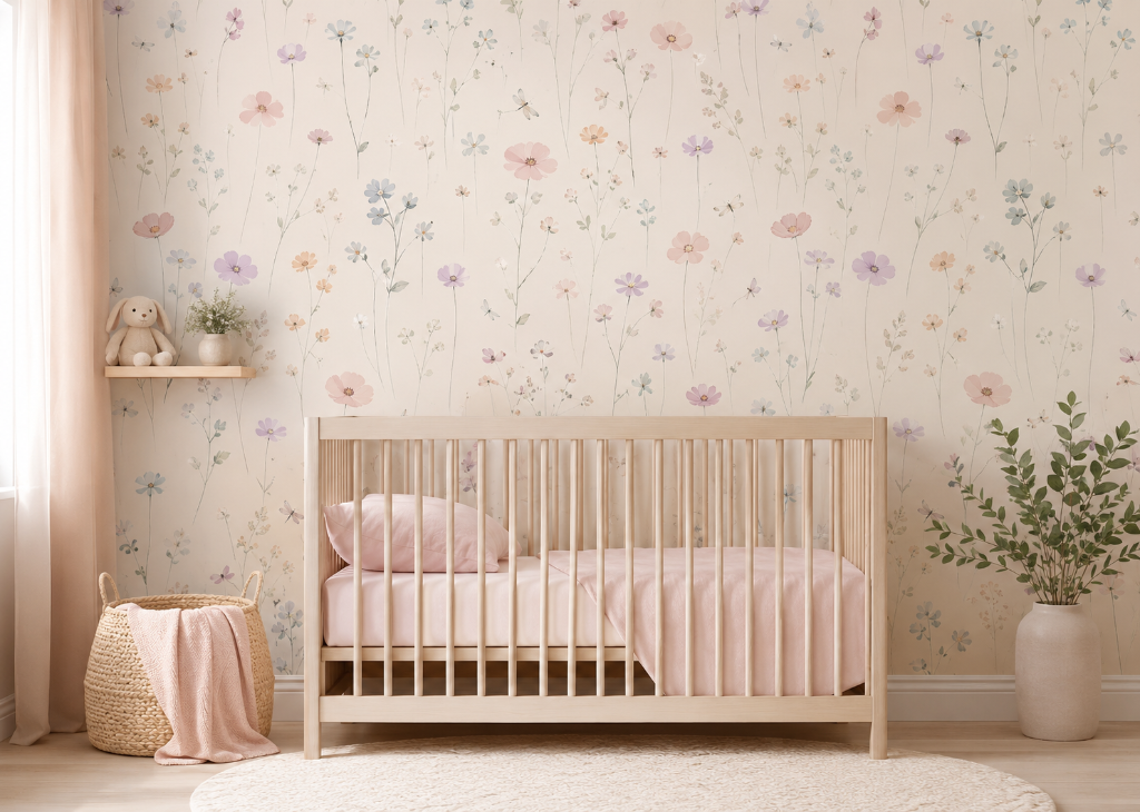 Pastel Cosmos Girls Nursery Wall Mural - Nursery Room View