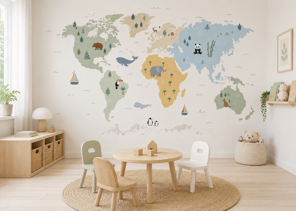 Soft Safari World Map Boys Wall Mural - Room View 2