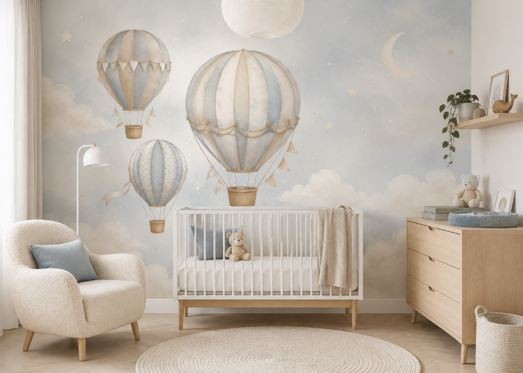 Up & Away Boys Nursery Wall Mural - Nursery Room View