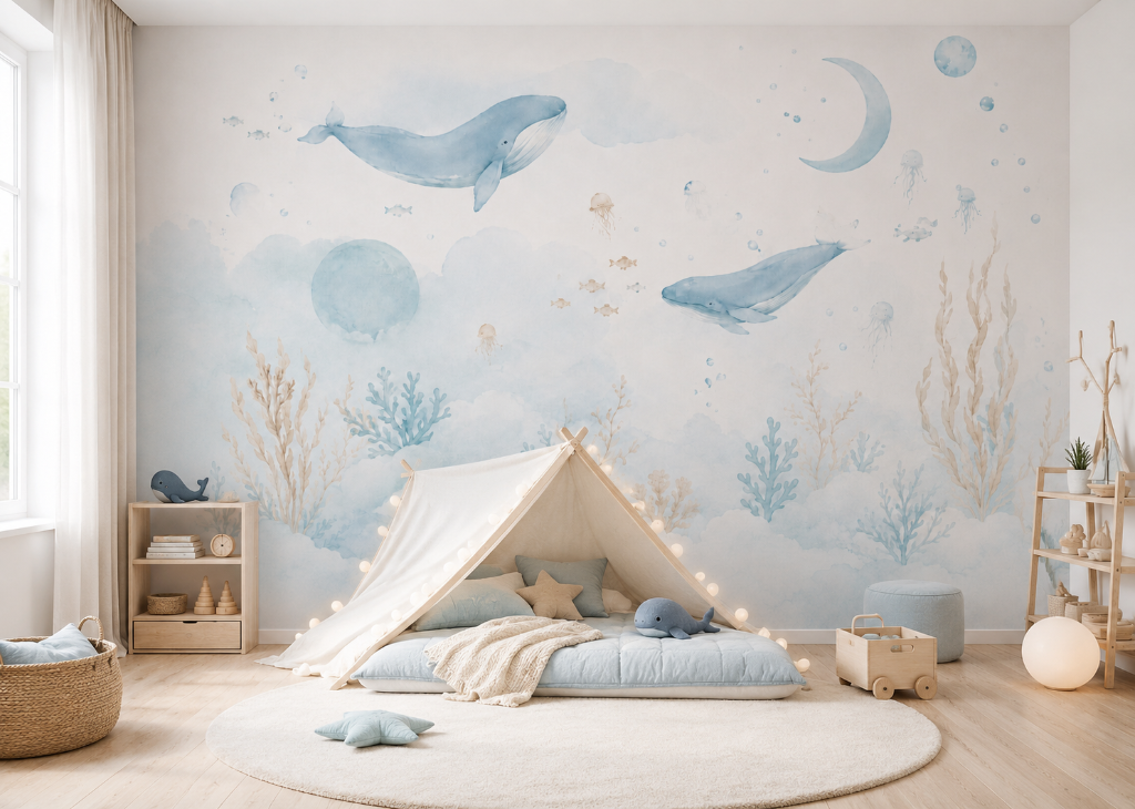 Dream Whales Boys Nursery Wall Mural - Room View 2