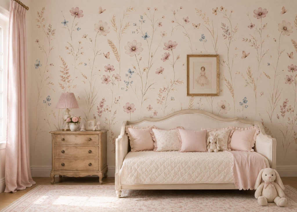 Wheat & Cosmos Girls Nursery Wall Mural - Room View 3