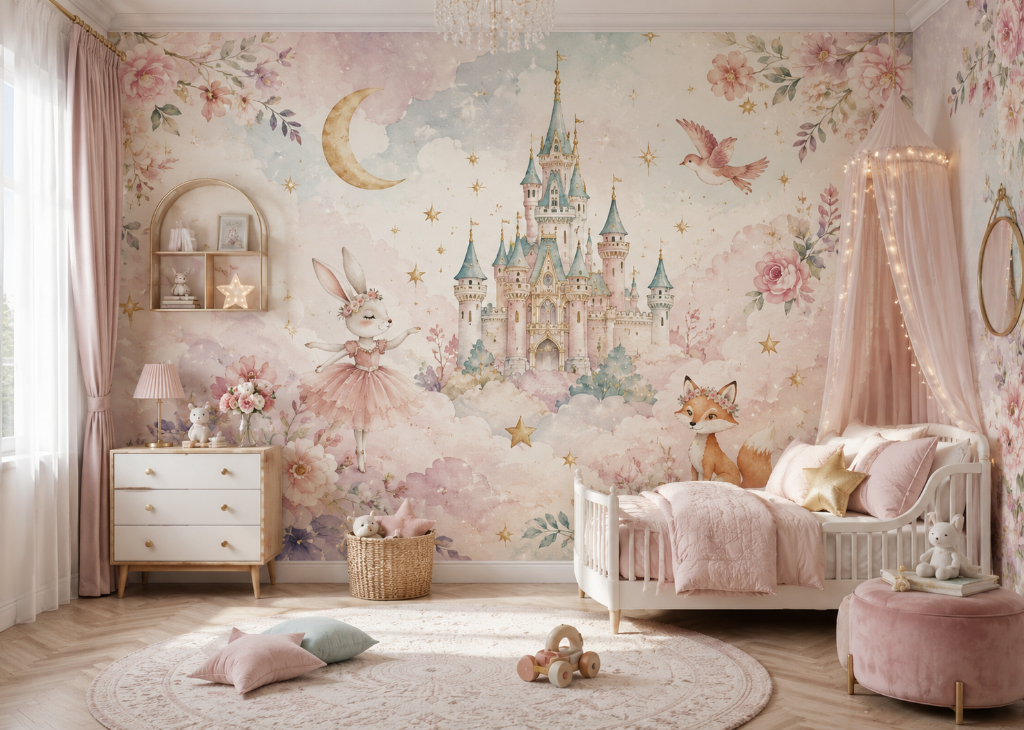 Ballerina Bunny & Fox Girls Enchanted Castle Wall Mural - Girls Room View