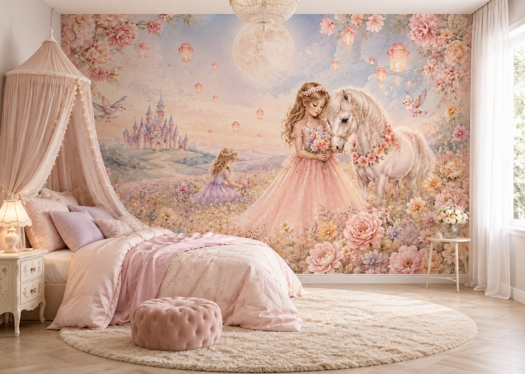 Moonlit Meadow Girls Princess & Horse Wall Mural - Room View 2