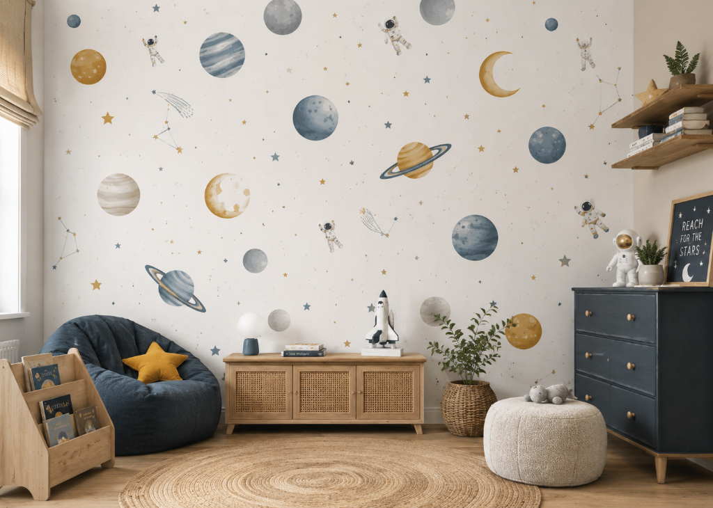 Space Explorers Boys Galaxy Wall Mural - Boys Room View