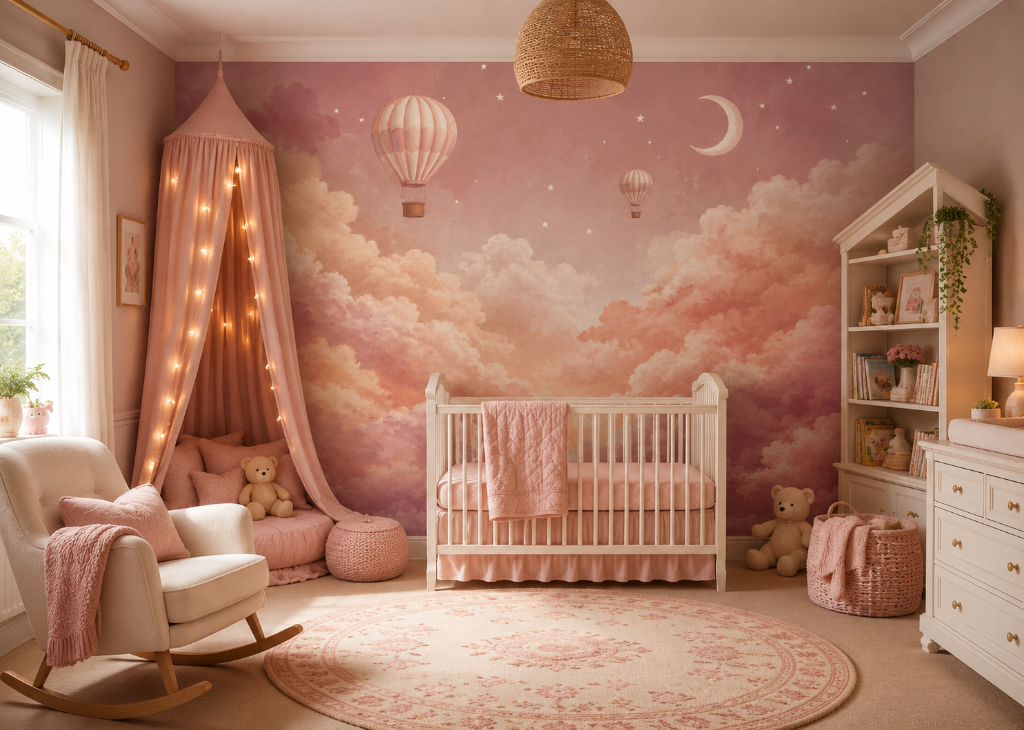 Blush Balloon Sky Girls Nursery Wall Mural - Room View 3