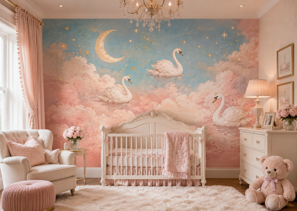 Crown Swans Girls Nursery Wall Mural - Room View 3