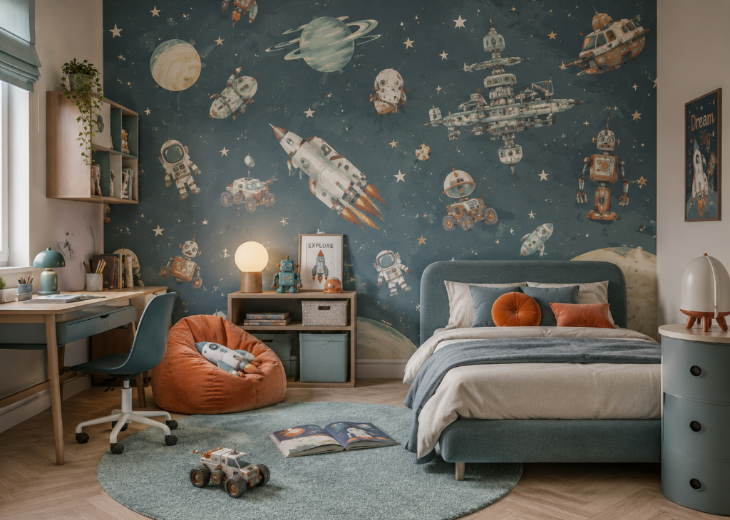 Retro Space Explorers Boys Galaxy Wall Mural - Boys Room View