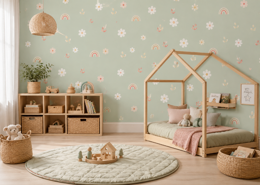Rainbow Daisy Sage Kids Wall Mural - Room View 2