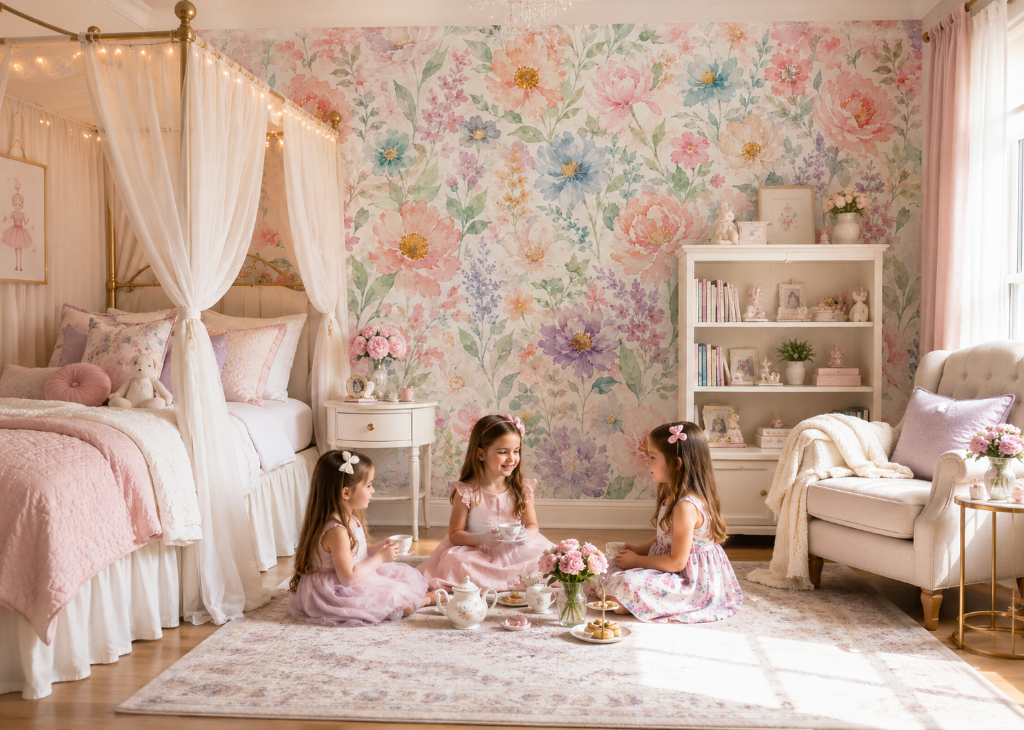 Soft Peony Meadow Girls Wall Mural - Room View 3