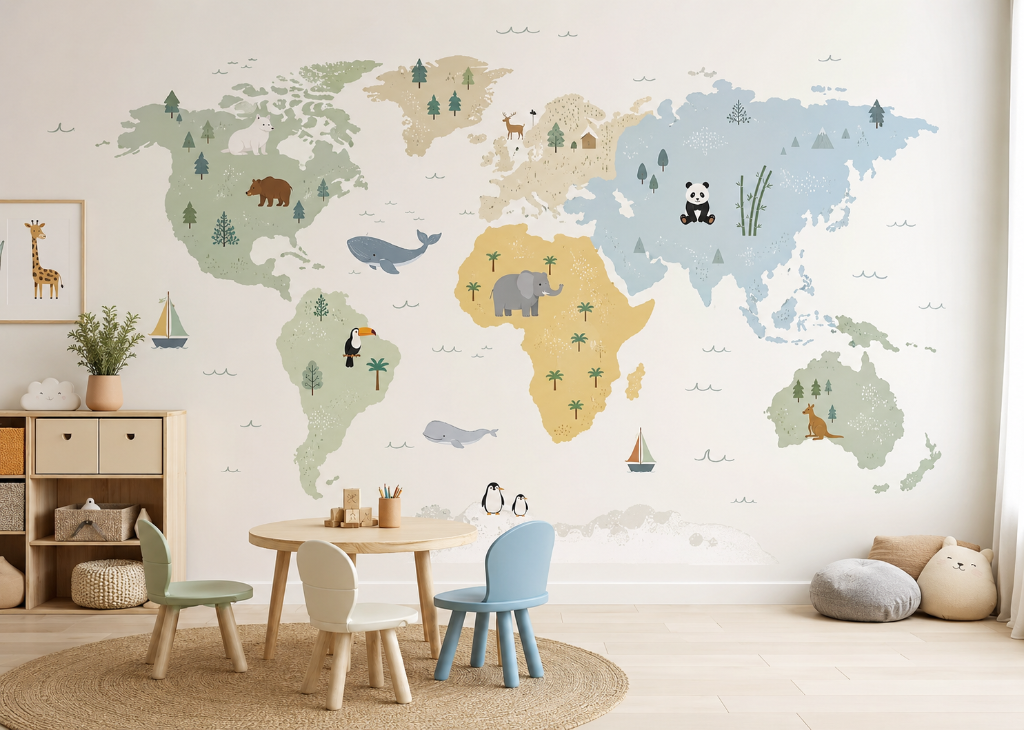 Soft Safari World Map Boys Wall Mural - Boys Room View