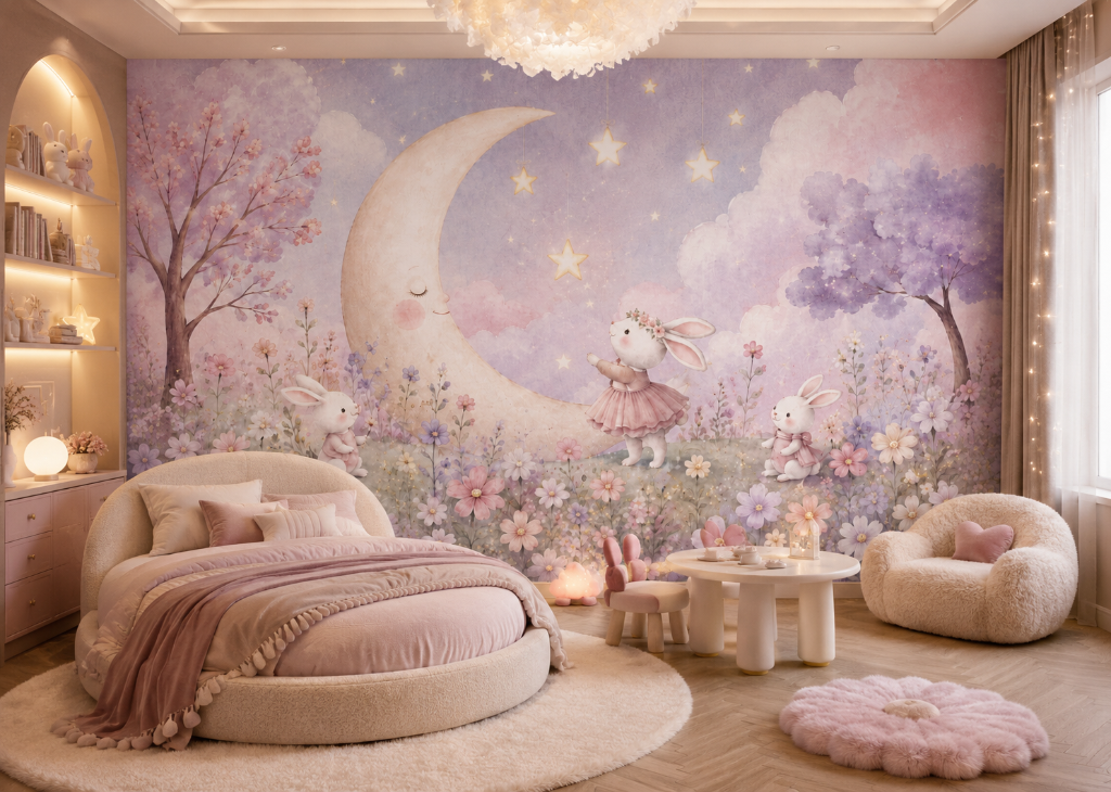 Bunny Moon Garden Girls Whimsical Wall Mural - Room View 2