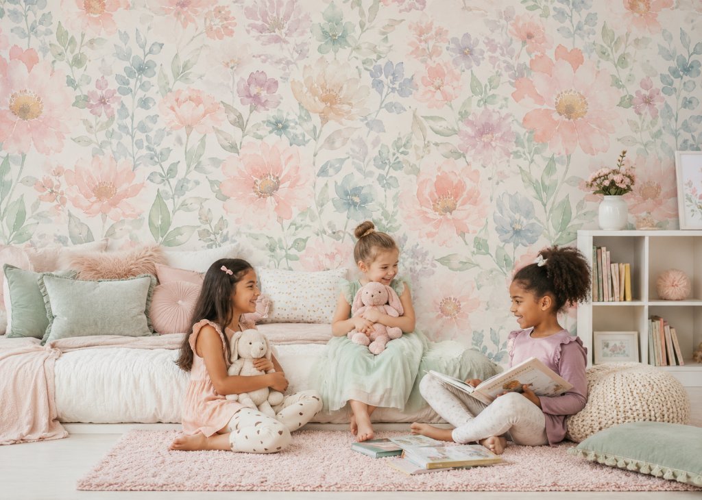 Soft Peony Meadow Girls Wall Mural - Girls Room View