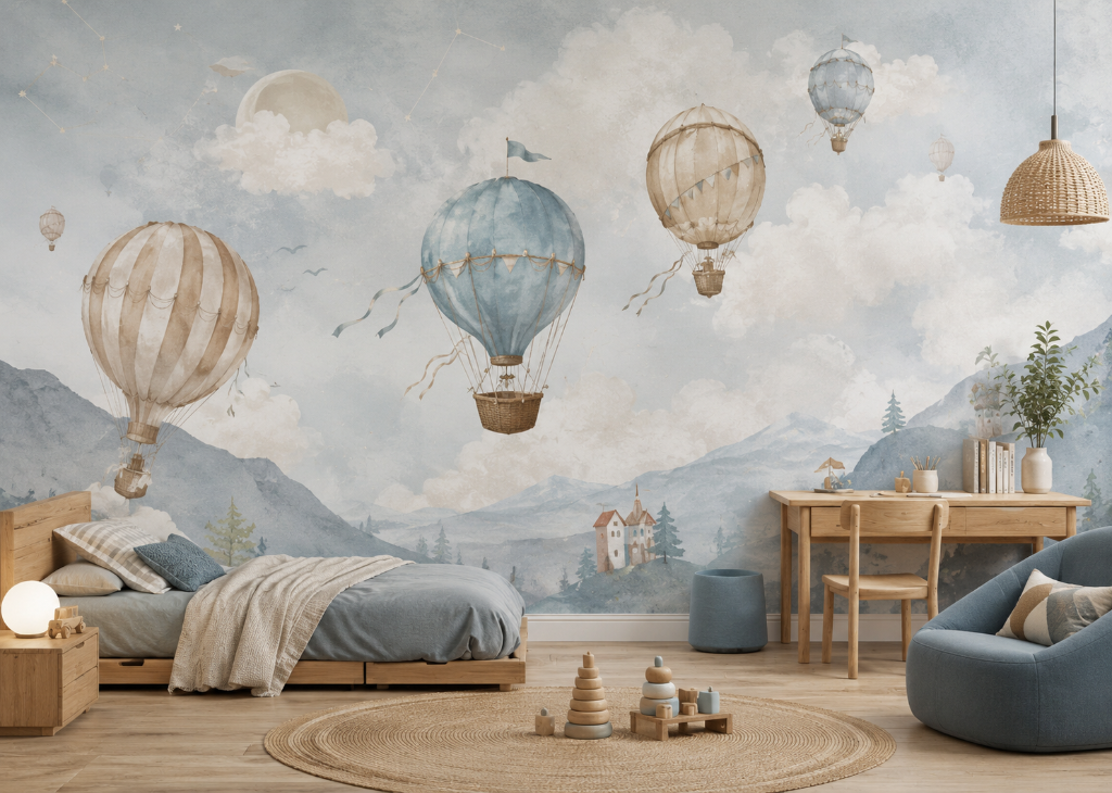 Mountain Voyage Boys Hot Air Balloon Wall Mural - Boys Room View