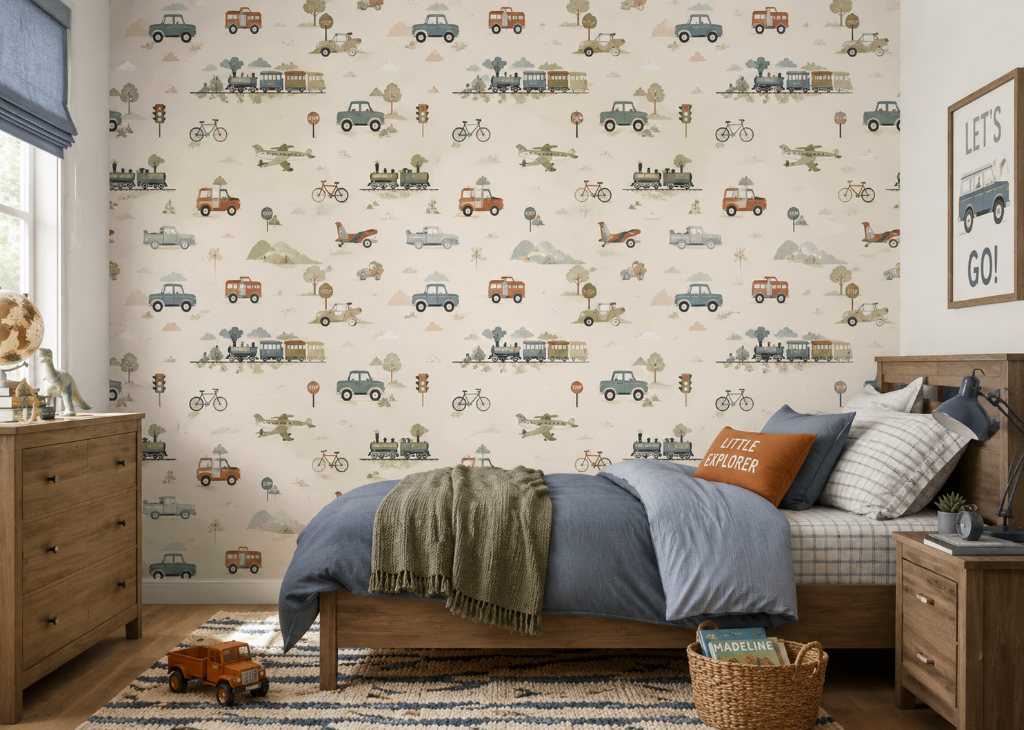 On The Go Boys Transport Wall Mural - Boys Room View