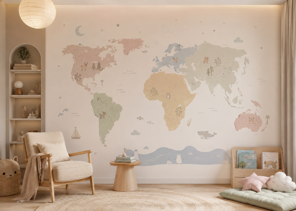 Animal World Map Kids Wall Mural - Kids Room View