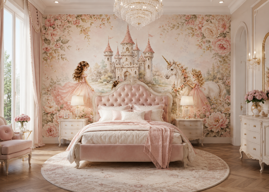 Princess Castle Girls Floral Wall Mural - Room View 3