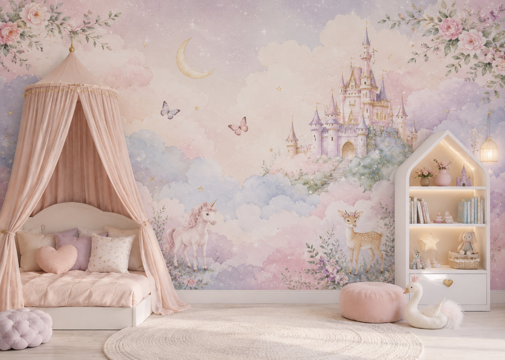 Unicorn Cloud Castle Girls Dreamy Wall Mural - Girls Room View
