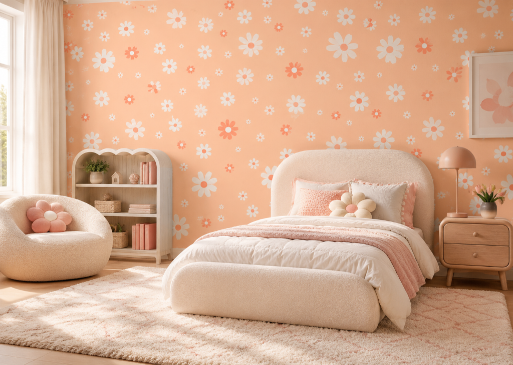 Peach Daisy Bloom Girls Wall Mural - Room View 3