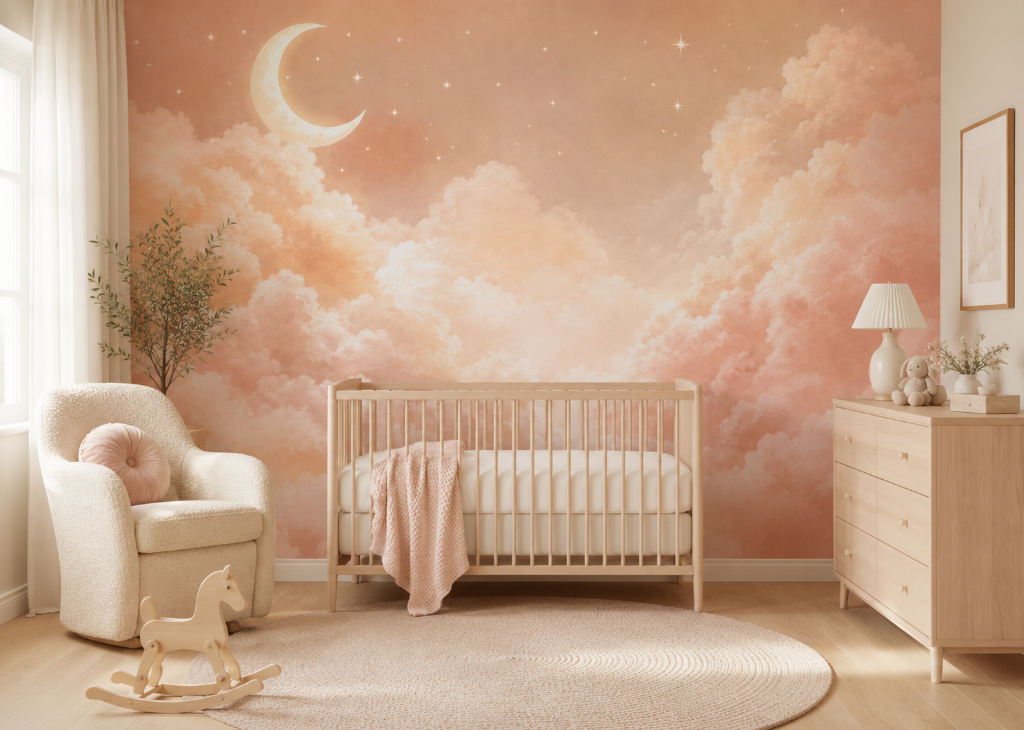 Blush Moon Clouds Girls Nursery Wall Mural - Room View 2