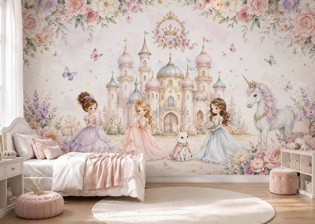 Crown Castle Princesses Girls Unicorn Wall Mural - Girls Room View