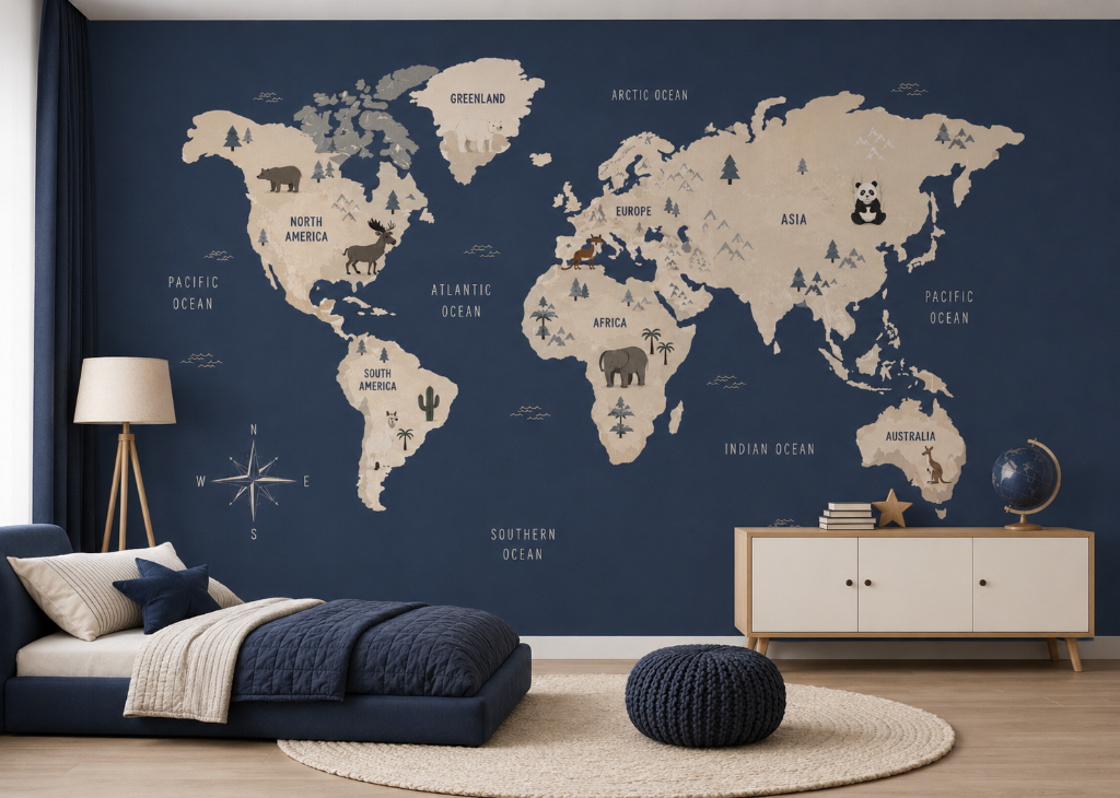 Navy World Map Boys Wall Mural - Room View 2
