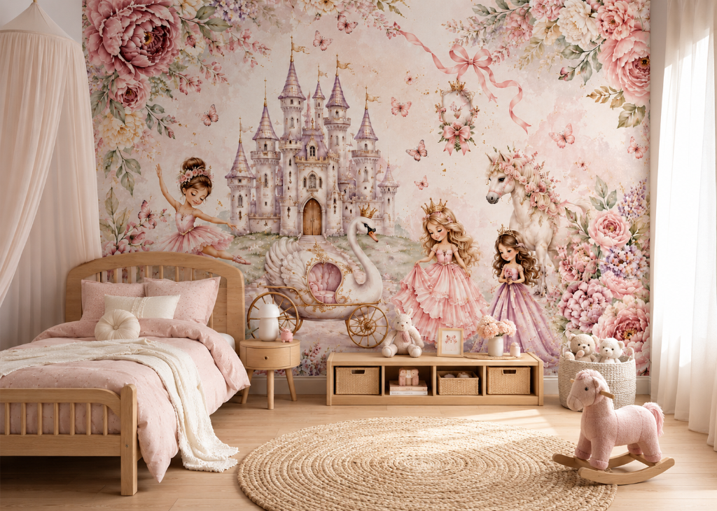 Ballerina & Swan Carriage Girls Princess Wall Mural - Room View 2
