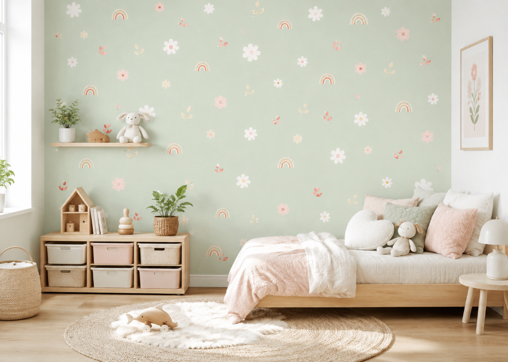 Rainbow Daisy Sage Kids Wall Mural - Room View 3