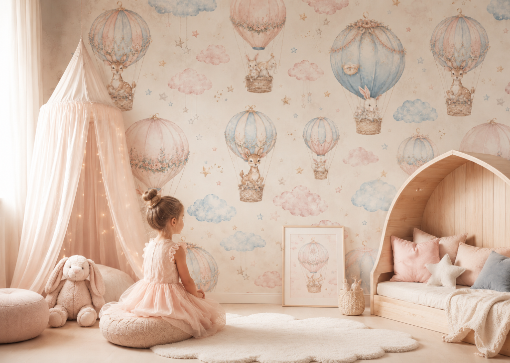 Stardust Balloons Girls Nursery Wall Mural - Room View 2