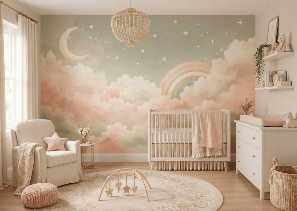 Rainbow Sage Sky Girls Nursery Wall Mural - Nursery Room View