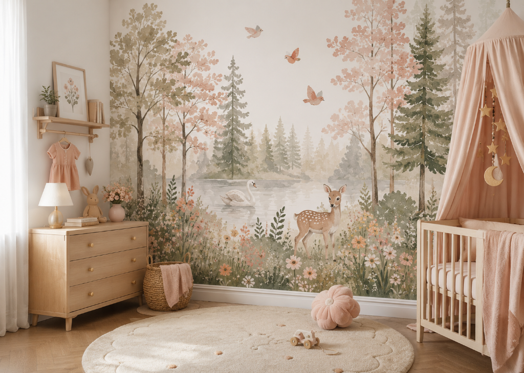 Swan Lake Meadow Girls Nursery Wall Mural - Nursery Room View