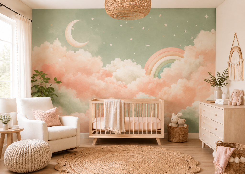 Rainbow Sage Sky Girls Nursery Wall Mural - Room View 3