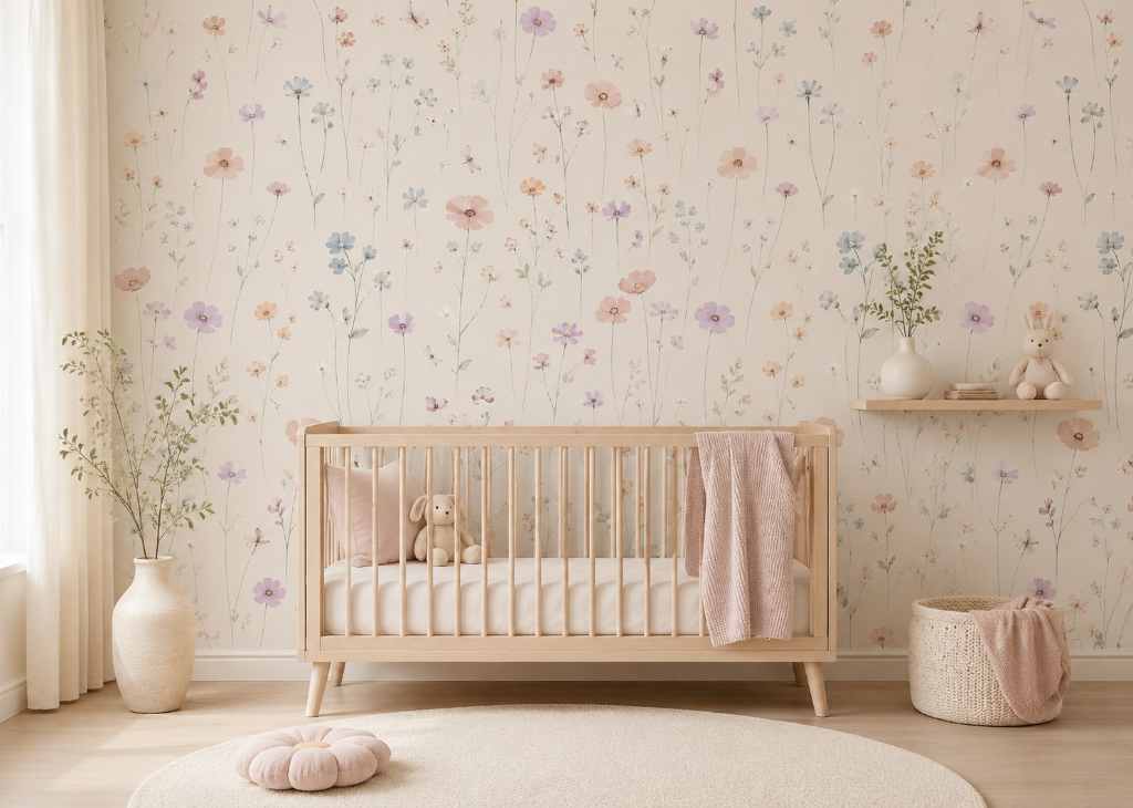 Wildflower Meadow Girls Nursery Wall Mural - Room View 2