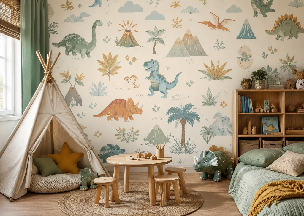 Dino World Boys Dinosaur Wall Mural - Boys Room View