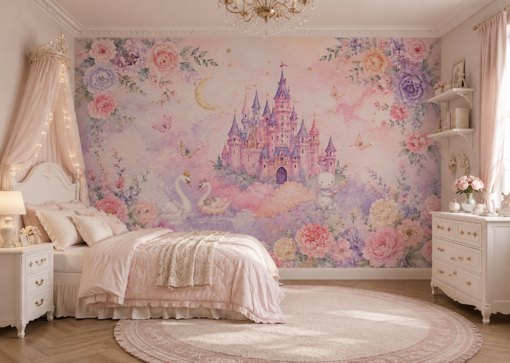 Swan Castle Dream Girls Floral Wall Mural - Room View 2