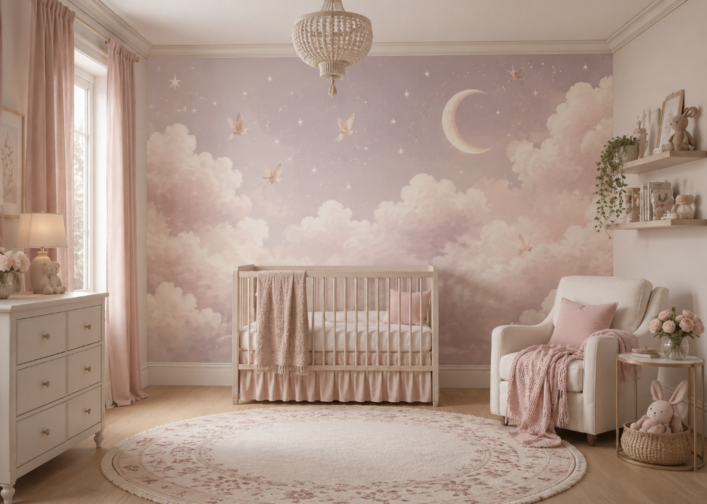 Lilac Dove Sky Girls Nursery Wall Mural - Nursery Room View