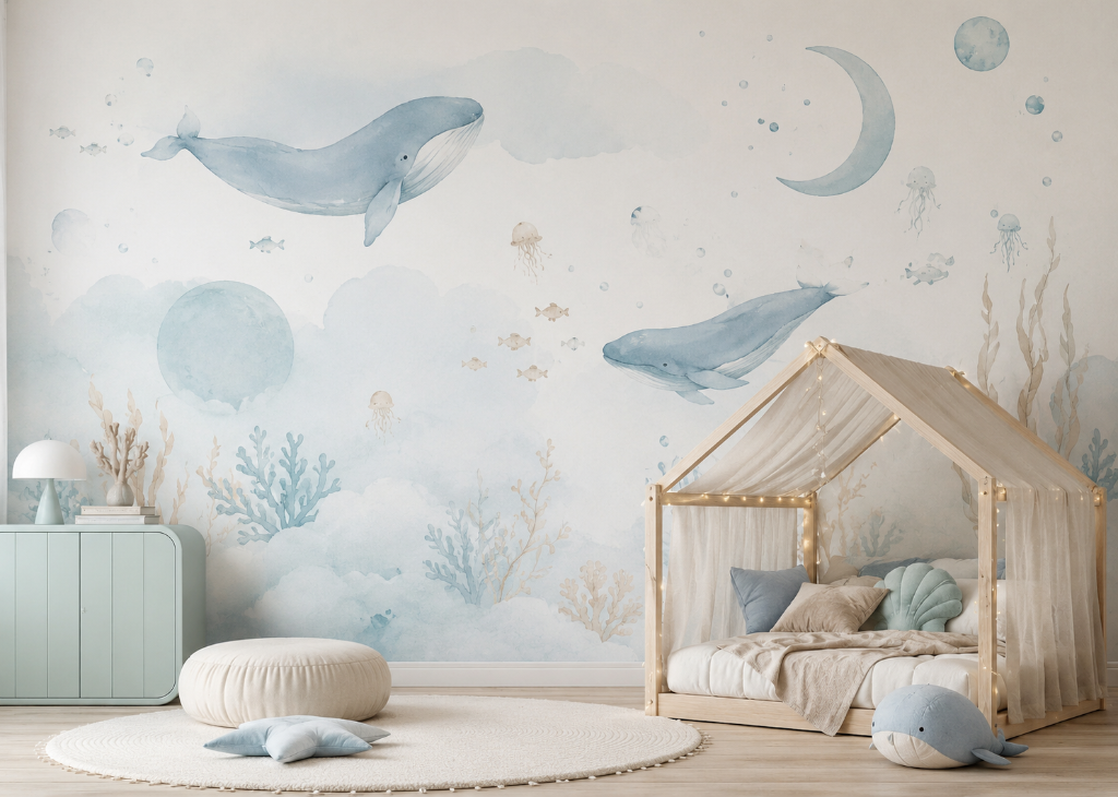 Dream Whales Boys Nursery Wall Mural - Boys Room View