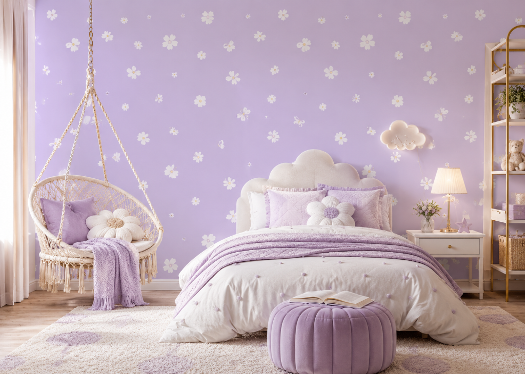 Lavender Daisy Dream Girls Wall Mural - Room View 3