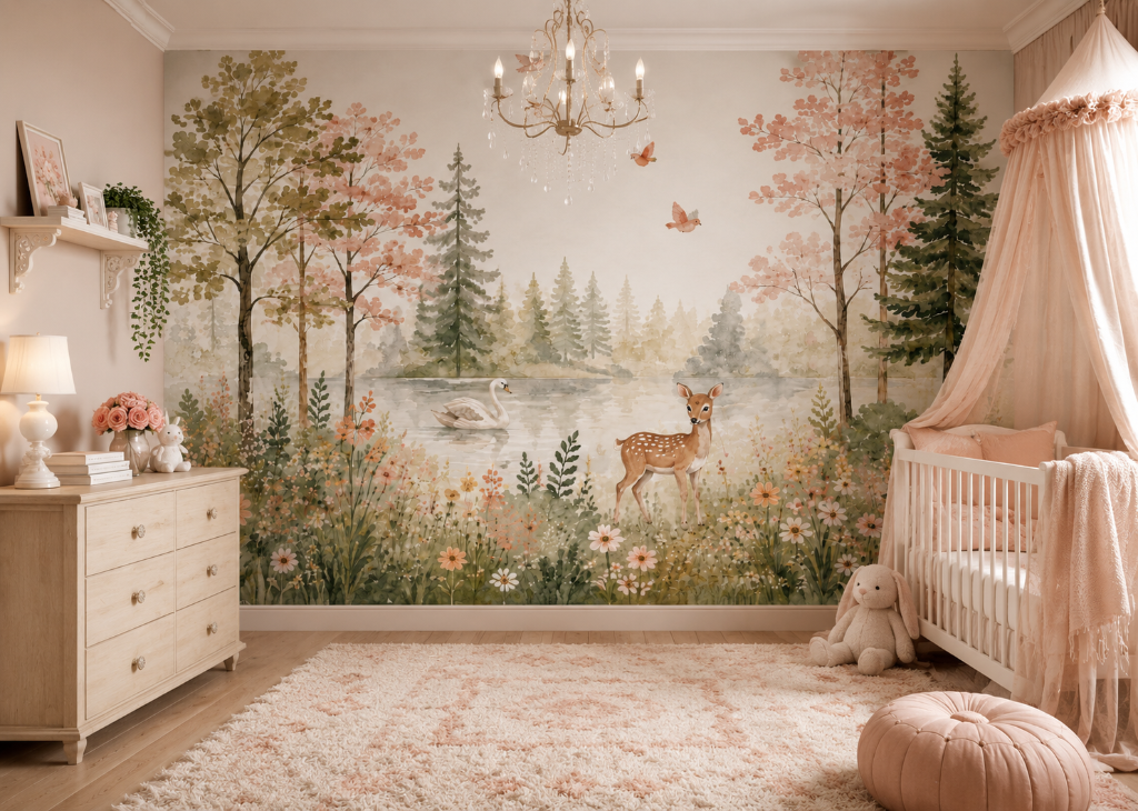 Swan Lake Meadow Girls Nursery Wall Mural - Room View 2