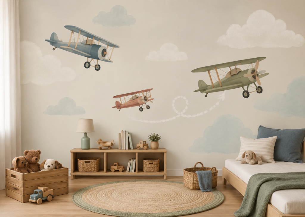 Vintage Sky Flyers Boys Airplane Wall Mural - Room View with Vintage Biplanes