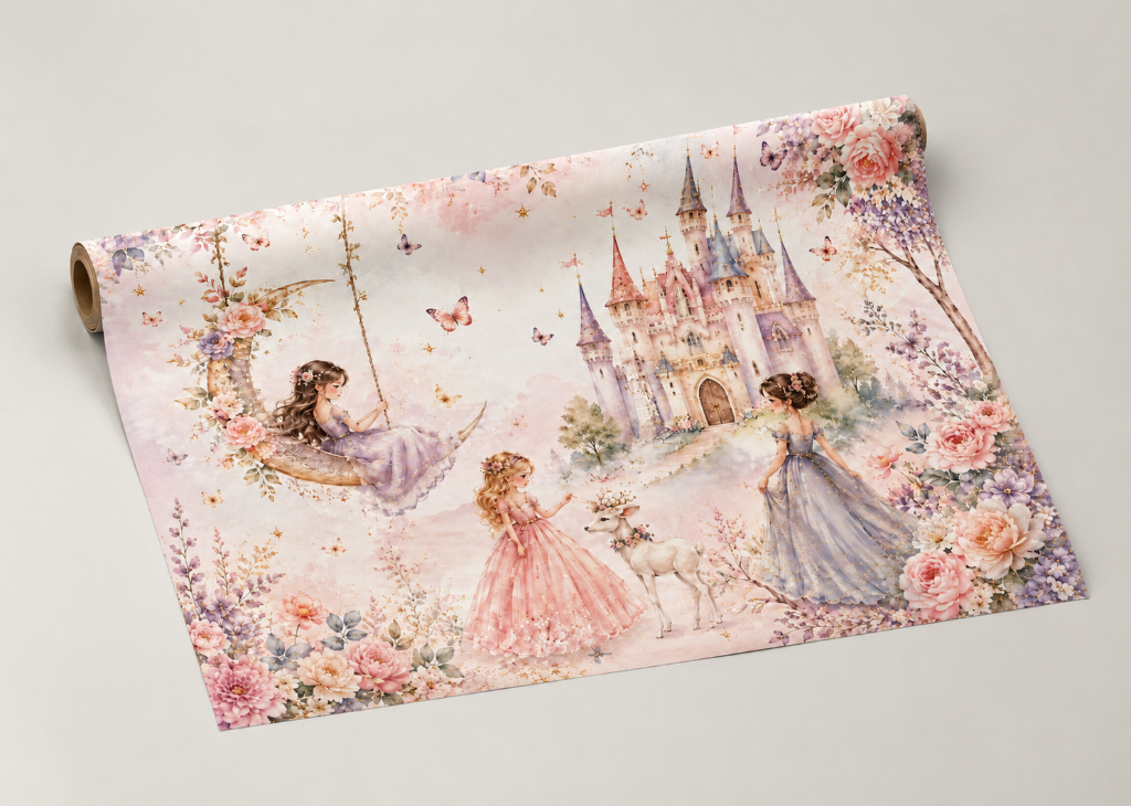 Moon Swing Princesses Girls Floral Wall Mural - Roll View