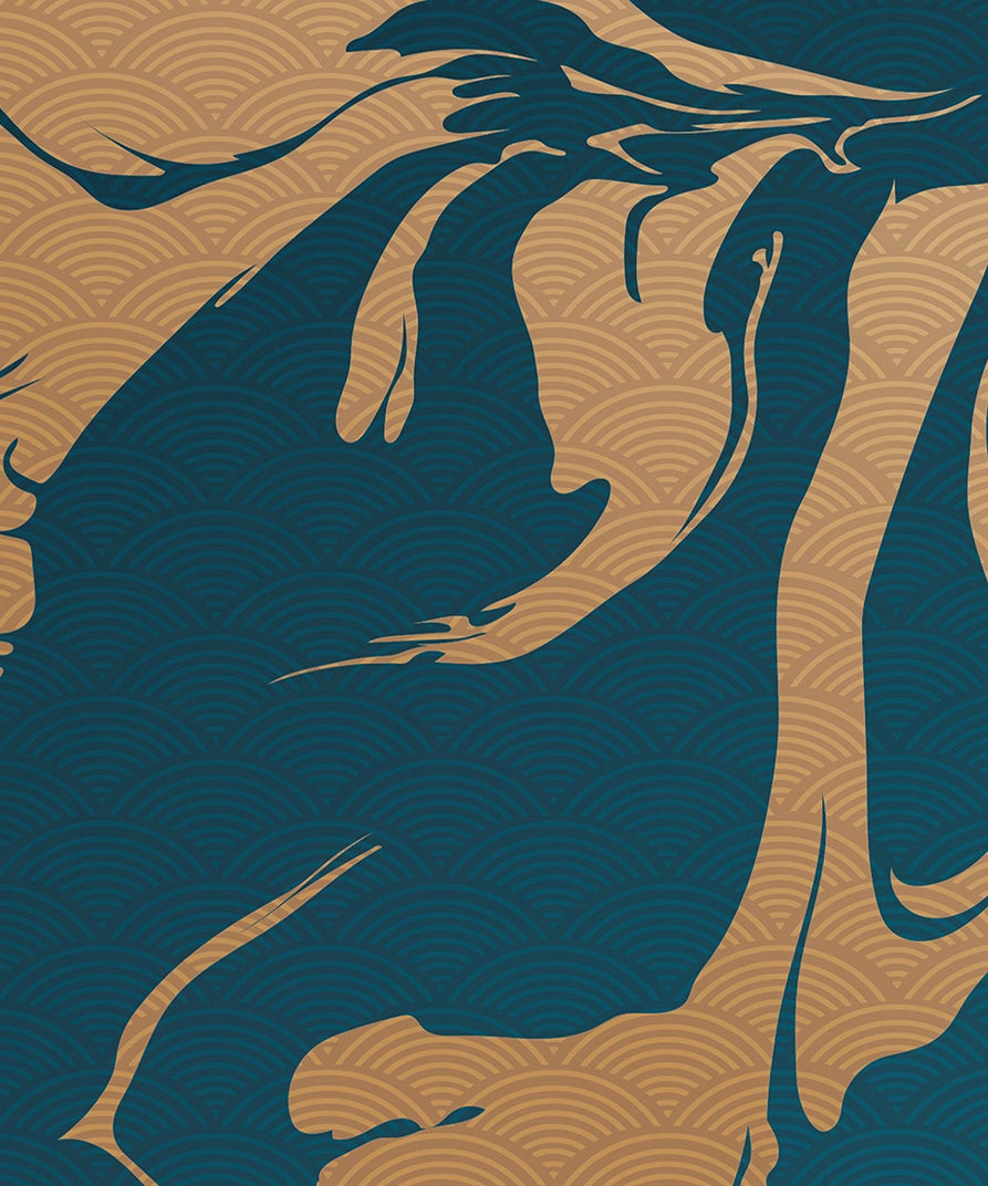 Golden Blue Elegance: Flowing Abstract Wall Mural