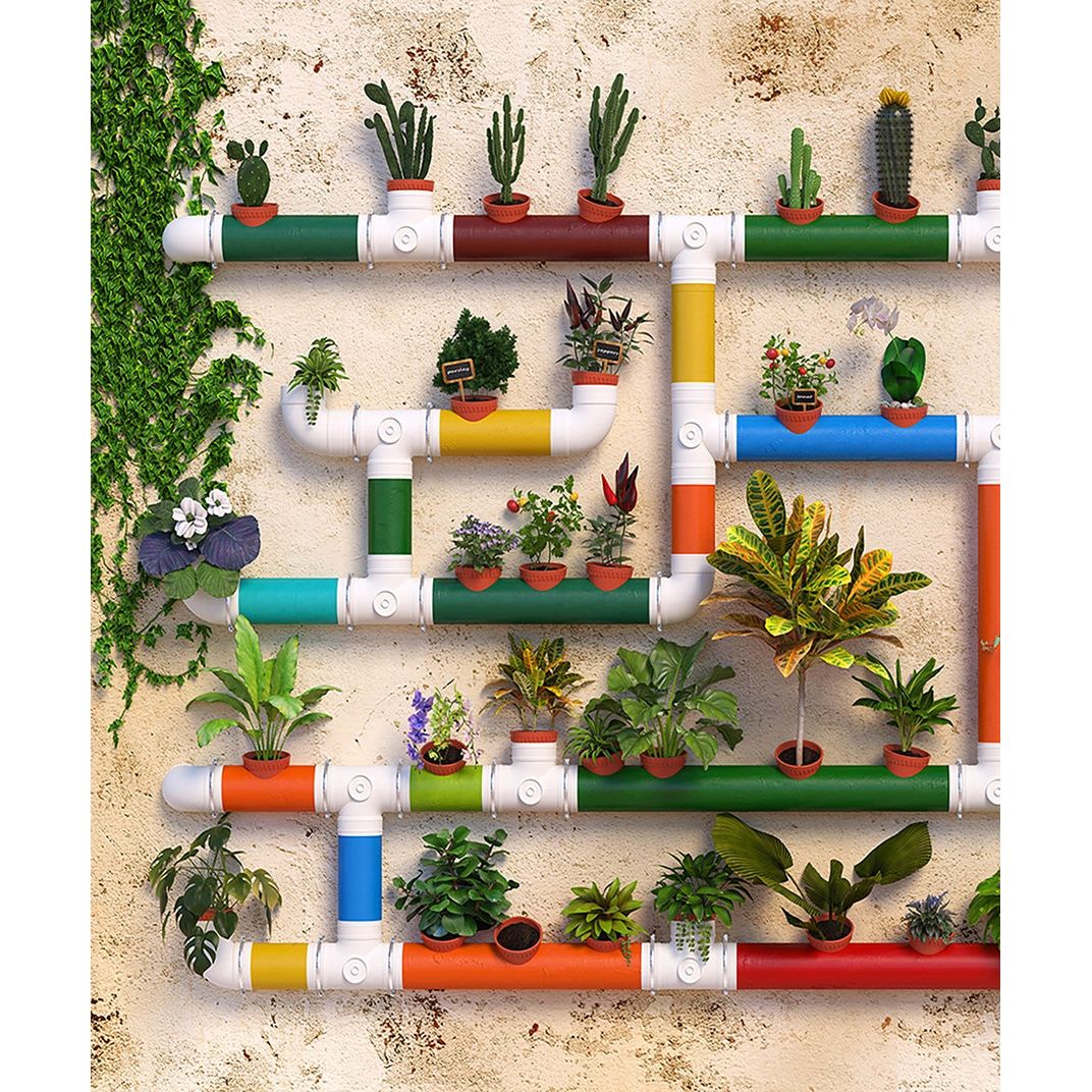 Greenery Grid: Industrial Pipe Garden Wall Mural