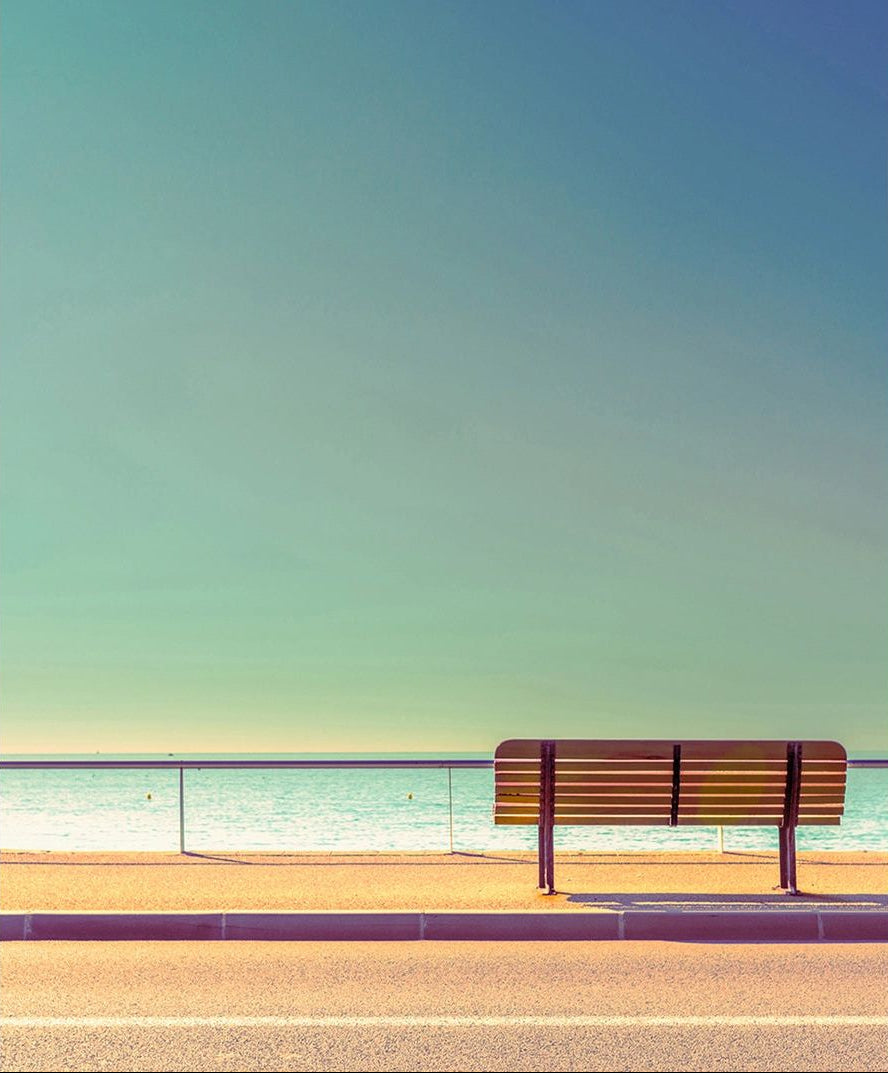Seaside Serenity: Bench by the Calm Sea Wall Mural