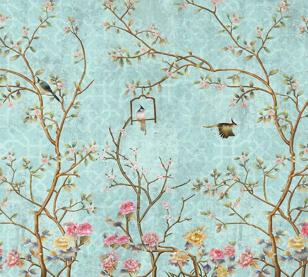 Serene Skyline: Green Atmosphere Wall Mural with Leafs and Flying