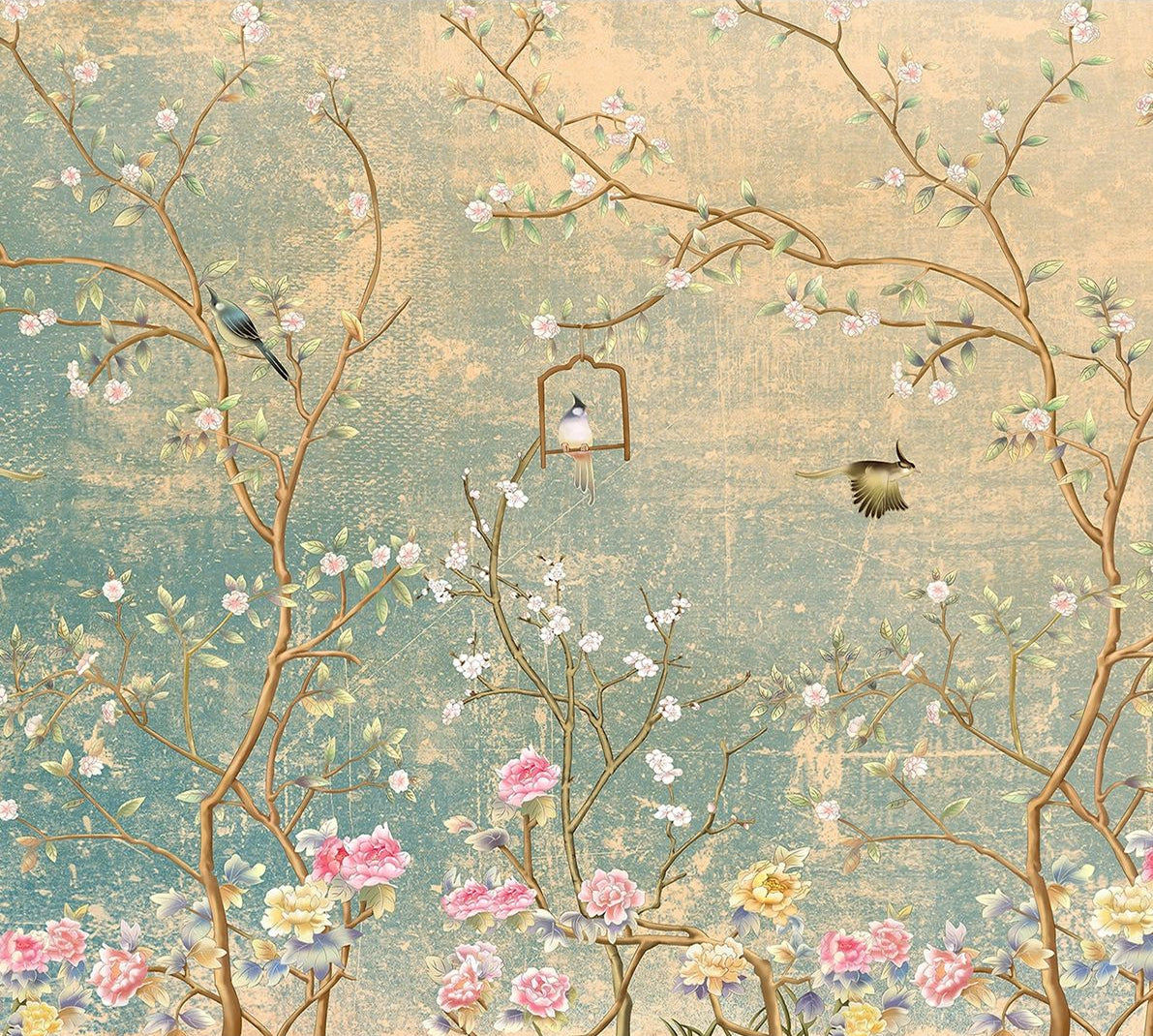Sunlit Canopy: Blue & Yellow Branches & Birds Wall Mural