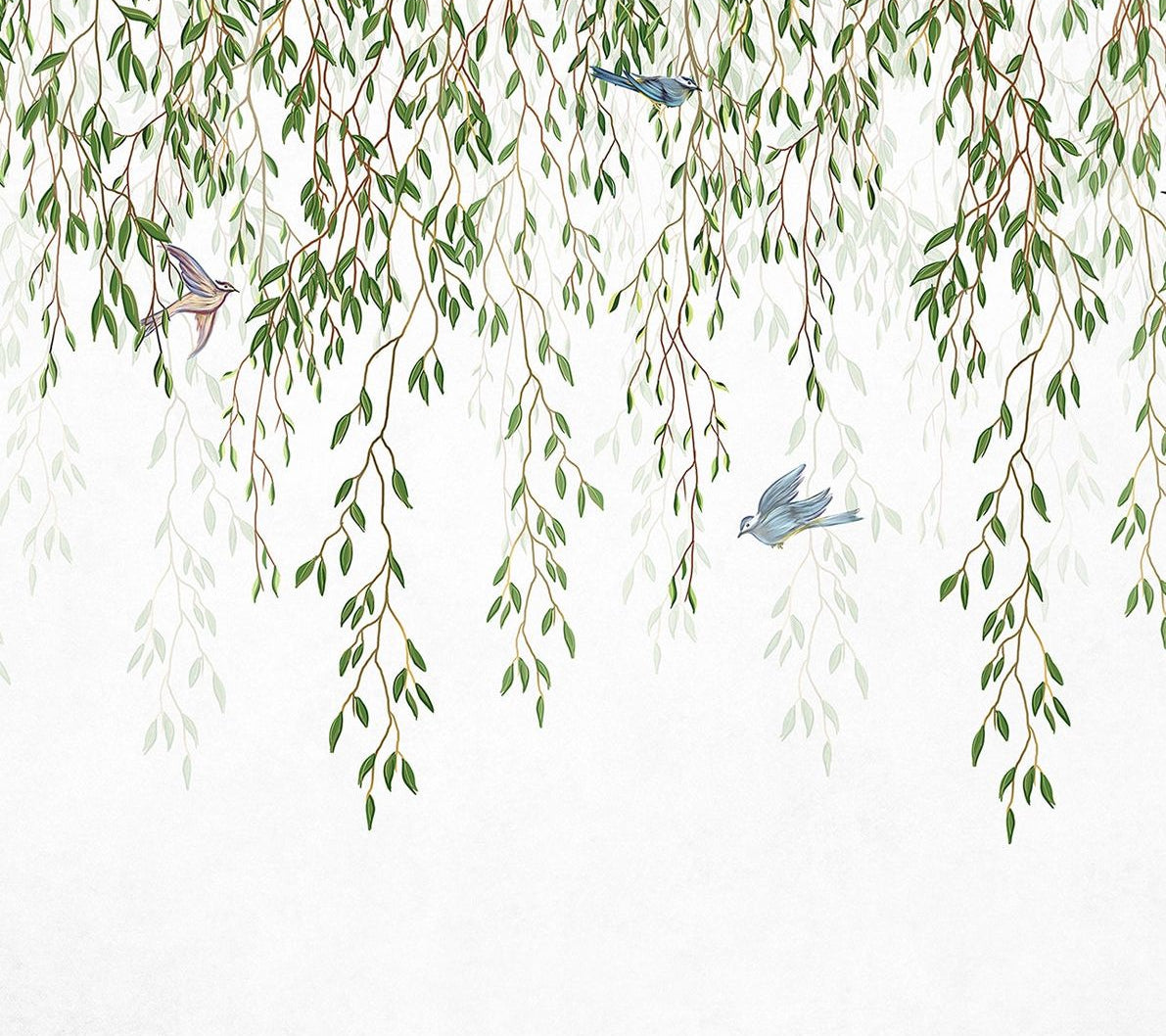 Gentle Serenade: Birds and Green Leaves Wall Mural