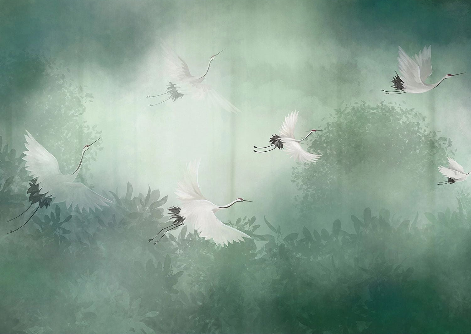 Serene Skyline: Green Atmosphere Wall Mural with Leafs and Flying Birds